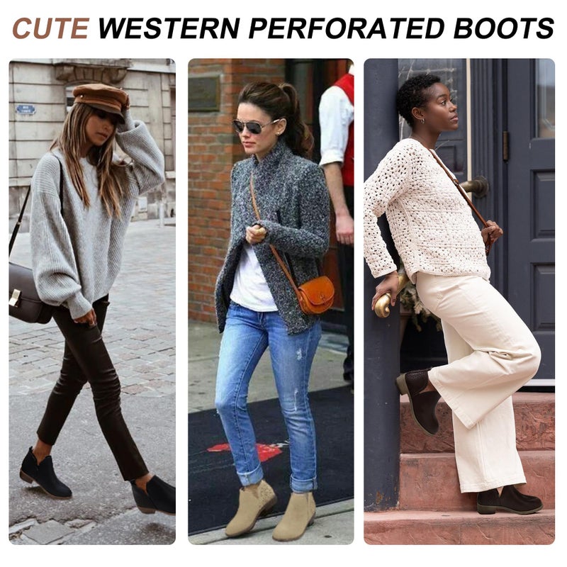 Vepose Women's Ankle Boots, Low Heel Chunky Cutout Booties, 912 - Tan Nubuck, Size 8 US - Perforated Western Shoes (CJY912 tan Nubuck 08) - Image 2